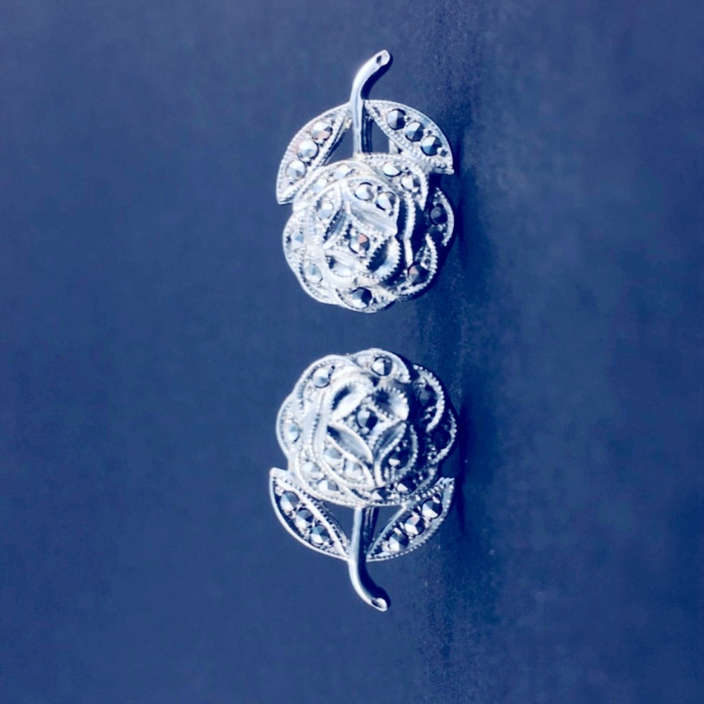 Vintage Marcasite and Sterling rose  earrings, screw back